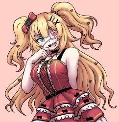 1girl akai_haato alternate_costume aqua_eyes bare_arms bare_shoulders black_choker black_flower black_rose blonde_hair bow breasts choker commentary cowboy_shot cross-laced_clothes cross-laced_dress dress eyepatch flower frilled_dress frills hair_bow hair_flower hair_ornament hand_on_own_chin heart heart_hair_ornament highres hololive large_breasts long_hair medical_eyepatch open_mouth pink_background red_bow red_dress rose sheepapp simple_background sleeveless sleeveless_dress smile solo teeth two_side_up upper_teeth_only virtual_youtuber