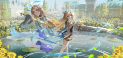 2girls absurdres bare_shoulders black_collar black_dress blonde_hair blue_eyes blue_sky cartethyia_(wuthering_waves) chinese_commentary collar commentary_request crown_of_thorns day dress fleurdelys_(wuthering_waves) highres holding holding_sword holding_weapon horns long_hair making-of_available miguan_pt multiple_girls open_mouth partial_commentary pointy_ears reflection reflective_water single_horn sky sword tabard tacet_mark_(wuthering_waves) very_long_hair weapon white_tabard wuthering_waves yellow_horns