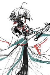 1other ahoge cowboy_shot earrings fate/samurai_remnant fate_(series) floating_hair hair_intakes hair_up holding holding_sword holding_weapon japanese_clothes jewelry looking_at_viewer mi_m099 official_alternate_costume official_alternate_hairstyle orange_eyes other_focus parted_lips simple_background sketch spot_color sword two-handed updo weapon white_background yamato_takeru_(fate) yamato_takeru_(phantasmal_dress)_(fate)