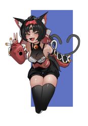 1girl absurdres animal_ear_fluff animal_ears bad_source bell black_shorts black_thighhighs blush breasts cat_ears cat_girl cat_tail cleavage cropped_legs dark-skinned_female dark_skin detached_sleeves fangs highres multiple_tails neck_bell nekomiya_mana open_mouth orange_eyes red_shirt see-through_cleavage see-through_clothes seueo shirt shorts skin_fangs small_breasts solo tail thighhighs thighs two-tone_background two_tails v zenless_zone_zero