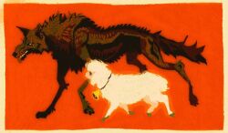 animal_focus ba1laur bell black_fur border chirin chirin_no_suzu from_side hooves inset_border neck_bell red_background scar scar_on_face sharp_teeth sheep simple_background tail teeth tongue tongue_out white_background white_border white_fur wolf woo_(chirin_no_suzu)