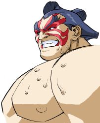 1boy bengus chonmage clenched_teeth e._honda facepaint game_cg highres loincloth male_focus muscular muscular_male non-web_source official_art open_mouth sideways_glance solo street_fighter street_fighter_zero_(series) sumo sweat sweatdrop teeth topknot v-shaped_eyebrows white_background
