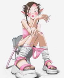 1girl bandaid bandaid_on_arm bandaid_on_knee bandaid_on_leg blush breasts brown_hair cigarette clothes_writing collarbone elf eyelashes feet fingernails freckles hello_kitty hello_kitty_(character) highres holding holding_cigarette leg_warmers long_fingernails m7radgalaxy on_toilet original panties panty_pull pink_lips pink_thong pointy_ears sandals sanrio scabbard sheath solo sword tank_top thong toenails toes toilet underwear weapon