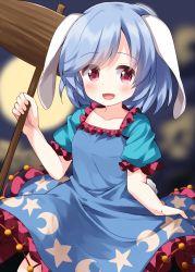 1girl animal_ears blue_dress blue_hair blush collarbone cosplay crescent_print dress frilled_dress frilled_sleeves frills highres holding kine mallet open_mouth puffy_short_sleeves puffy_sleeves rabbit_ears rabbit_tail red_eyes reisen_(touhou_bougetsushou) ruu_(tksymkw) seiran_(touhou) seiran_(touhou)_(cosplay) short_hair short_sleeves smile solo star_(symbol) star_print tail touhou