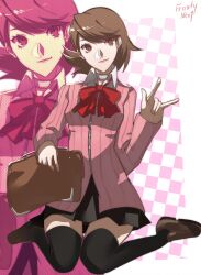 1girl \m/ artist_name bag black_skirt black_thighhighs bow bowtie brown_bag brown_eyes brown_hair brown_shoes cardigan checkered_background choker closed_mouth commentary earrings flipped_hair frosty_neo1 full_body gekkoukan_high_school_uniform highres jewelry long_sleeves looking_at_viewer miniskirt pearl_earrings persona persona_3 pink_cardigan pink_lips pleated_skirt red_bow red_bowtie ribbed_cardigan school_bag school_uniform shoes short_hair sitting skirt smile solo stud_earrings swept_bangs takeba_yukari thighhighs wariza white_choker zettai_ryouiki zipper
