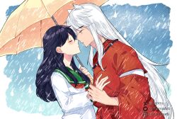 1boy 1girl absurdres animal_ears bead_necklace beads black_hair blush closed_eyes couple dog_boy dog_ears green_sailor_collar hair_between_eyes half-closed_eyes hetero highres higurashi_kagome holding holding_another&#039;s_wrist holding_umbrella imminent_kiss instagram_username inuyasha inuyasha_(character) japanese_clothes jewelry long_hair neckerchief necklace parted_lips rain red_neckerchief red_shirt sailor_collar school_uniform shirt sidelocks tiroma tooth_necklace twitter_username umbrella upper_body white_hair