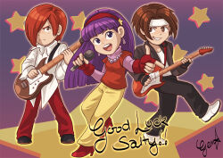 1girl 2boys asamiya_athena brown_hair guitar hair_ornament idol instrument kusanagi_kyou microphone multiple_boys musician psycho_soldier purple_hair red_hair snk star_(symbol) star_hair_ornament the_king_of_fighters yagami_iori