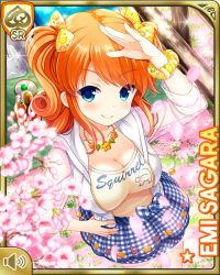 1girl blue_eyes blue_skirt bow breasts character_name checkered_clothes checkered_skirt closed_mouth day english_text girlfriend_(kari) hair_bow jacket jewelry looking_at_viewer medium_hair official_art orange_hair orange_shirt outdoors park qp:flapper sagara_emi wrist_scrunchie shirt skirt smile solo tagme tree two_side_up white_jacket white_legwear yellow_bow yellow_shirt