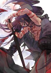 Rule 34 | 1boy, 1other, arms up, black footwear, blood, boots, crazy eyes, crazy smile, empty eyes, english text, fighting, from below, full-body tattoo, holding, holding weapon, long hair, looking at another, looking down, male focus, muscular, muscular male, open mouth, pants, perspective, purple hair, red tattoo, scp-076-2, scp-682, scp foundation, sharp teeth, smile, squatting, swan (doesu), sword, tattoo, teeth, topless male, weapon, white background