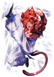 absurdres battle blue_eyes blue_sash brown_fur dragon_ball dragon_ball_gt fighting fighting_stance fusion fusion_dance gogeta highres jumping kicking leg_up metamoran_vest monkey_boy monkey_tail muscular muscular_male red_hair sash spiked_hair super_saiyan super_saiyan_4 tail yuuri_(fukuroudou)