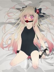 1girl barefoot blush chained_wrists chaos_marie_(grimms_notes) full_body gagged grimms_notes lying old_school_swimsuit on_back school_swimsuit solo subiki5129 swimsuit