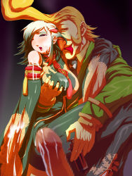1boy 1girl blonde_hair breasts censored china_dress chinese_clothes cum defeat dress drugged grabbing_another&#039;s_breast green_hair groping hetero huge_breasts hyena_(kof) kof:_maximum_impact multicolored_hair open_mouth penis snk syringe the_king_of_fighters tongue tongue_out two-tone_hair white_hair xiao_lon