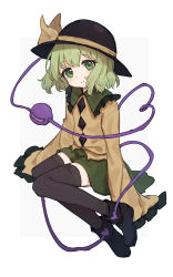 1girl ankle_boots black_boots black_hat black_thighhighs blouse boots bow buttons closed_mouth collared_shirt diamond_button frilled_shirt_collar frilled_sleeves frills full_body green_eyes green_hair green_skirt hat hat_bow head_tilt heart heart_of_string highres komeiji_koishi light_blush light_smile long_sleeves looking_at_viewer shirt shone short_hair simple_background sitting skirt sleeves_past_fingers sleeves_past_wrists solo thighhighs third_eye touhou wide_sleeves yellow_bow yellow_shirt yokozuwari
