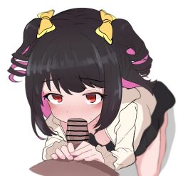 1boy 1girl bar_censor black_hair black_skirt blurry blush bow breasts censored commentary_request dark-skinned_male dark_skin depth_of_field drill_hair fanged_bangs fellatio frilled_sleeves frills from_above from_side hair_bow long_sleeves looking_at_viewer looking_up multicolored_hair multiple_hair_bows oral original penis perspective pink_nails pov pov_crotch red_eyes scarfy_(scarfy_chang) short_twintails simple_background skirt streaked_hair sweat twintails white_background