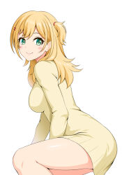 1girl arm_support blonde_hair breasts closed_mouth dress green_eyes hair_ornament hairclip hibi_wa_sugiredo_meshi_umashi hoshi_nana large_breasts leaning long_hair long_sleeves looking_at_viewer one_side_up parallel_hairclips senou34 simple_background smile sweater sweater_dress thighs white_background