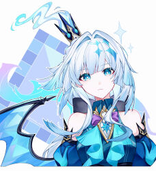 1girl absurdres bare_shoulders blue_eyes blue_hair bright_pupils cerydra_(honkai:_star_rail) commentary_request crown highres honkai:_star_rail honkai_(series) long_hair looking_at_viewer mini_crown nirako_mona partial_commentary solo upper_body white_background white_pupils wings