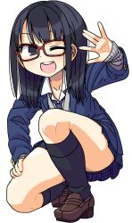 1girl :d black_eyes black_hair black_socks blazer glasses highres jacket kneehighs loafers long_hair maruput necktie on_one_knee one_eye_closed open_mouth original plaid_clothes plaid_skirt pleated_skirt red-framed_eyewear school_uniform shoes skirt smile socks solo squatting white_background