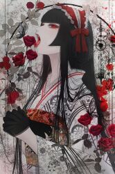 1girl black_butterfly black_gloves black_hair blood blunt_bangs bonnet braid bug butterfly commentary eyelashes fangs floral_print flower frills genjiguruma gloves gothic_lolita hair_rings half_gloves highres hime_cut insect interlocked_fingers japanese_clothes kikkoumon kikumon kimono lace lace-trimmed_gloves lace_trim licking lolita_fashion long_hair long_sleeves mole mole_under_eye obi open_mouth original own_hands_together pale_skin petals photo_inset plant red_eyes red_flower red_lips red_ribbon red_rose ribbon rose sash satsuki_kei sidelocks solo straight_hair symbol-only_commentary tongue tongue_out unmoving_pattern upper_body vampire vines wide_sleeves