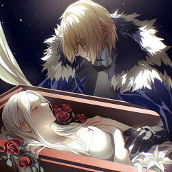 1boy 1girl armor black_background blonde_hair blue_cape breastplate breasts cape cleavage closed_eyes closed_mouth coffin dated_commentary death dimitri_alexandre_blaiddyd dimitri_alexandre_blaiddyd_(timeskip) dress edelgard_von_hresvelg fire_emblem fire_emblem:_three_houses flower funeral fur_collar gauntlets hand_on_another&#039;s_chest highres large_breasts leaf long_hair looking_at_another lying nintendo on_back rose short_hair soma_otakuu white_dress white_fur white_hair