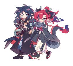 Rule 34 | 2boys, :3, arknights, black coat, black shirt, blue hair, blush stickers, chinese clothes, choshanland plushy (arknights), coat, colored shoe interior, colored shoe soles, colored tips, commentary request, dragon boy, dragon bubble (arknights), dragon horns, dragon tail, green eyes, highres, horns, long sleeves, looking down, male focus, multicolored hair, multiple boys, open mouth, pants, pointy ears, ponytail, red hair, shirt, shoe soles, shoes, simple background, smile, sneakers, tail, white background, white pants, wide sleeves, ym dpl, yu (arknights), zuo le (arknights)