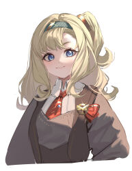 1girl asymmetrical_bangs blonde_hair blue_eyes blue_hairband collared_shirt cropped_torso grey_sweater hairband highres kuroja looking_at_viewer matilda_bouanich medium_hair necktie one_side_up red_necktie reverse:1999 shirt smile solo sweater upper_body white_background white_shirt