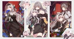 !? 2girls absurdres alternate_costume alternate_hairstyle aqua_hair arm_belt bare_shoulders black_dress black_gloves black_hairband black_necktie black_skirt black_thighhighs blush chibi closed_mouth cuffs dress elbow_gloves firefly_(honkai:_star_rail) firefly_(jepella_rebellion)_(honkai:_star_rail) firefly_(on_the_journey)_(honkai:_star_rail) floating_hair gloves gradient_hair grey_gloves grey_hair hair_ornament hairband half_gloves hand_on_another&#039;s_head handcuffs heart high_ponytail highres honkai:_star_rail honkai_(series) long_hair looking_at_another multicolored_eyes multicolored_hair multiple_girls multiple_views necktie official_alternate_costume parted_lips ponytail shirt shirt_tucked_in skirt smile spoken_blush spoken_heart stelle_(honkai:_star_rail) thigh_strap thighhighs trailblazer_(honkai:_star_rail) white_shirt yajuu yellow_eyes