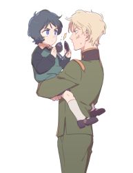 2boys aged_down anger_vein bad_id bad_pixiv_id blonde_hair blue_eyes blue_hair breaking carrying casval_rem_deikun char_aznable child gundam kamille_bidan military military_uniform mobile_suit_gundam_the_origin multiple_boys sakanaokashi short_hair shorts sunglasses sweater unworn_eyewear zeta_gundam