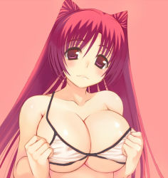 Rule 34 | 1girl, bad id, bad pixiv id, bare shoulders, bikini, blush, breasts, female focus, hair intakes, kousaka tamaki, large breasts, long hair, looking at viewer, miranisuta, red eyes, red hair, simple background, solo, swimsuit, to heart (series), to heart 2, upper body