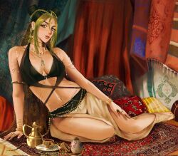 1girl alternate_costume armlet bare_shoulders barefoot black_dress bracelet braid braided_ponytail breasts breasts_apart bun_with_braided_base collarbone commentary cup curtains double_bun dress ear_piercing earrings english_commentary forehead_jewel full_body gold_collar gold_necklace green_eyes green_hair hair_between_eyes hair_bun hair_ornament hashtag-only_commentary henoopd highres indoors jewelry jojo_no_kimyou_na_bouken kuujou_jolyne lips long_hair looking_at_viewer medium_breasts midriff multicolored_hair multiple_rings navel_piercing necklace parted_lips pelvic_curtain piercing pillow pink_nails plate ponytail red_carpet ring sidelocks sitting solo stone_ocean stud_earrings teacup two-tone_hair yokozuwari