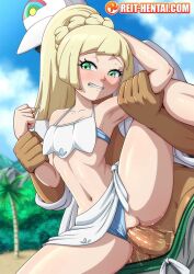 1boy 1girl armpits beach blonde_hair blush breasts cheating_(relationship) clenched_teeth clothed_sex clothing_aside flat_chest grabbing_another&#039;s_arm green_eyes hat hetero highres professor_kukui lab_coat lillie_(pokemon) loli navel netorare nintendo older_man_and_younger_girl panties panties_aside penis pokemon pokemon_(anime) pokemon_sm_(anime) pussy rape reit sex sex_from_behind small_breasts solo_focus sunglasses teeth underwear