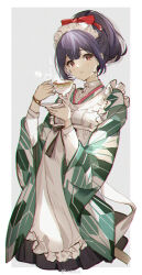 1girl absurdres apron black_hair cup dress highres holding holding_cup idolmaster idolmaster_shiny_colors long_hair looking_at_viewer maid_apron morino_rinze open_mouth red_eyes simple_background solo wenquangua