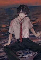 1boy black_hair black_pants collared_shirt commentary_request green_eyes highres kenmochi_touya kenmochi_touya_(1st_costume) looking_at_viewer male_focus necktie nijisanji ocean outdoors pants parted_lips plaid_clothes plaid_necktie red_necktie shirt shirt_tucked_in short_sleeves sitting sitting_on_water solo tsuta1218 virtual_youtuber water_drop white_shirt