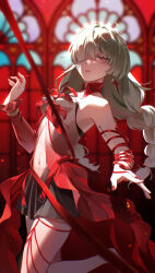 1girl absurdres adapted_costume bandage_over_one_eye bare_shoulders black_skirt blurry blurry_background braid breasts commentary cowboy_shot dress earrings emu2cat fingernails foot_up from_side grey_hair high-low_dress highres jewelry looking_at_viewer low_twin_braids nail_polish navel phrolova_(wuthering_waves) red_dress red_nails red_pupils skirt small_breasts solo stomach tacet_mark_(wuthering_waves) twin_braids white_eyes wuthering_waves