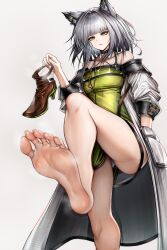1girl absurdres arknights barefoot cigaros feet green_eyes grey_hair highres kal&#039;tsit_(arknights) long_hair panties pantyshot parted_lips shoes single_shoe soles steam toes underwear unworn_shoes upskirt