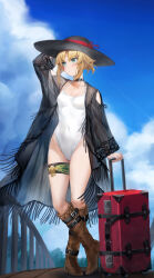 1girl black_hat blonde_hair blue_sky blush boots breasts collarbone covered_navel fate/apocrypha fate_(series) full_body green_eyes hat highleg highleg_one-piece_swimsuit highres knee_boots long_hair looking_to_the_side mordred_(fate) mordred_(fate/apocrypha) one-piece_swimsuit parted_bangs sidelocks sky small_breasts solo suitcase sun_hat swimsuit tonee variant_set white_one-piece_swimsuit