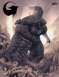 3boys 3girls black_hair briefcase brown_hair building city clock clock_tower day debris destruction dinosaur dress dust film_grain formal_clothes giant giant_monster glasses godzilla godzilla_(series) godzilla_minus_one hat highres kaiju logo long_hair monster multiple_boys multiple_girls muted_color necktie open_mouth power_lines real_world_location roaring rubble saliva sea_monster sharp_teeth short_hair smoke spikes suit tail teeth thomdotartz toho tokyo_(city) tongue tower wako_(department_store) wako_clock_tower war world_war_ii yellow_eyes