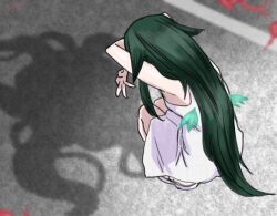 1girl ajino_(sakanahen) arms_up bare_shoulders cat_shadow_puppet_(meme) commentary crossed_arms different_shadow dress eldritch_abomination facing_away from_behind full_body green_hair hair_flaps long_hair meme middle_w road sandals saya_(saya_no_uta) saya_no_uta shadow shadow_puppet sleeveless sleeveless_dress solo squatting street sundress very_long_hair w white_dress white_sandals wings