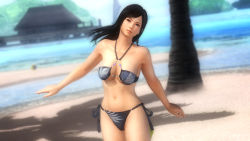 1girl 3d beach black_hair blue_eyes breasts dead_or_alive dead_or_alive_5 female_focus highres kokoro_(doa) large_breasts long_hair ocean official_art official_wallpaper palm_tree smile solo swimsuit tecmo tree underboob