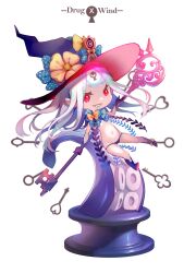 1girl abigail_williams_(fate) abigail_williams_(third_ascension)_(fate) black_gloves black_hat black_panties black_shoes bow commentary english_text fate/grand_order fate_(series) gloves grey_hair grin hat highres holding holding_key key long_hair looking_at_viewer navel orange_bow oversized_object panties parted_bangs pointy_ears red_eyes sharp_teeth shoes simple_background smile solo tajuu_jinkakuno_kaze teeth third_eye underwear white_background witch_hat