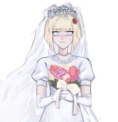 1girl alternate_costume blonde_hair blue_eyes blush bob_cut bouquet bridal_veil closed_mouth dress female_focus flower gloves holding holding_bouquet jewelry necklace oosuzuki_kurara pearl_necklace simple_background solo solo_focus sweat sweatdrop the_hundred_line_-last_defense_academy- veil wedding_dress white_background white_dress white_gloves