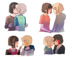 Rule 34 | 2girls, aoba moca, bang dream!, black choker, black hair, blue shirt, blush, brochan, choker, closed eyes, commentary, drawstring, grey hoodie, hood, hoodie, kiss, long sleeves, looking at another, mitake ran, multicolored hair, multiple girls, pointing, pointing at self, red eyes, red hair, red shirt, red tank top, shirt, short hair, short sleeves, simple background, smile, streaked hair, symbol-only commentary, tank top, white background, white hair, yuri