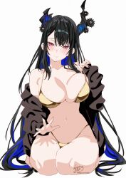 1girl absurdres alternate_costume asymmetrical_horns barefoot bikini black_hair black_jacket blue_hair breasts cleavage closed_mouth colored_inner_hair crossed_bangs flower full_body gold_bikini golden_week hair_between_eyes halterneck head_tilt highleg highleg_bikini highres hololive hololive_english horn_flower horns jacket kamiya_maneki lap_pillow_invitation large_breasts long_hair looking_at_viewer mole mole_on_thigh mole_under_eye multicolored_hair navel nerissa_ravencroft off_shoulder open_clothes open_jacket red_eyes seiza sidelocks simple_background sitting slit_pupils smile solo straight-on straight_hair strap_lift string_bikini swimsuit uneven_horns very_long_hair virtual_youtuber white_background