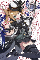1girl animal_ears ass black_boots black_hat black_jacket black_nails black_ribbon black_skirt boots breasts brown_hair cat_ears commission fang final_fantasy final_fantasy_xiv fingernails foot_out_of_frame green_eyes hat hat_ribbon highres hood hood_down hooded_jacket jacket long_fingernails medium_breasts miqo&#039;te nail_polish open_clothes open_jacket open_mouth pleated_skirt red_mage_(final_fantasy) ribbon sharp_fingernails short_hair skeb_commission skirt smile solo thigh_boots top_hat twintails ushiki_yoshitaka warrior_of_light_(ff14)