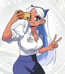 Rule 34 | 1girl, badge, blue eyes, blue hair, blue skirt, breasts, cellphone, commentary, dark-skinned female, dark skin, earrings, english commentary, eye of providence, facial mark, forehead mark, freckles, highres, horned hat, apryl dyoa, jewelry, large breasts, long hair, multicolored hair, original, parted bangs, parted lips, pencil skirt, phone, shirt, skirt, sleeves rolled up, smartphone, smile, solo, spicymancer, thick eyebrows, triangle earrings, two-tone hair, v, very long hair, white hair, white shirt, wing collar