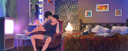 2boys absurdres age_difference bed big_hero_6 black_hair black_shirt curtains grey_male_underwear hand_on_another&#039;s_hand hand_on_another&#039;s_leg highres hiro_hamada hotel_room indoors juice lamp leather_chair male_focus male_underwear money multiple_boys onii-shota picture_frame pillow pizza_box shiogochi shirt short_hair short_sleeves siblings sitting stool tadashi_hamada television tissue_box underwear yaoi