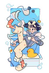 Rule 34 | :i, abstract background, absurdres, artist name, blush stickers, bottle, bow hairband, cat slippers, cleaning brush, cup, dolman (dm), dot nose, drain (object), floating, floating hair, floating object, foam, full-body tattoo, full body, grey eyes, grey jacket, hairband, highres, holding, holding cup, inset border, jacket, leg up, original, pants, polka dot pants, raised eyebrows, red socks, rubber duck, three-quarter sleeves, slippers, soap bubbles, socks, squeezing, striped clothes, striped socks, tattoo, toothbrush, toothbrush in mouth, toothpaste, towel, tube, white hairband, white pants