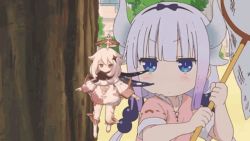 2girls animated animated_gif blue_eyes crossover dragon_girl eating genshin_impact horns kanna_kamui kobayashi-san_chi_no_maidragon multiple_girls paimon_(genshin_impact) subtitled vore white_hair