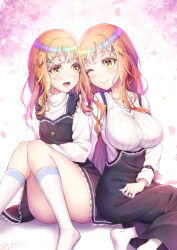 Rule 34 | 1boy, 1girl, ass, blonde hair, blush, breasts, brother and sister, crossdressing, dress, hair ornament, hairclip, highres, jewelry, large breasts, long hair, natsusora aona, natsusora wakana, novady, one eye closed, open mouth, original, ring, shiny skin, siblings, sitting, skirt, smile, trap, twins, wink, yellow eyes