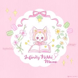 animal animal_focus book bow bowtie brooch brown_eyes cat character_name circle circlet cloak clothed_animal copyright_name denim denim_shorts ear_covers flower food frilled_cloak happy highres hood hood_up hooded_cloak infinity_nikki jewelry light_blush macaron momo_(nikki) neneko_(nnk_suimin) nikki_(series) no_humans official_alternate_costume open_book pink_background pink_bow pink_bowtie pink_cloak pink_theme shorts solo star_(symbol) straight-on twitter_username white_cat white_flower