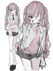 :/ arm_at_side artist_name black_eyes black_nails black_necktie black_shoes black_skirt blazer brown_hair clip_studio_paint_(medium) closed_mouth collared_shirt commentary dress_shirt eyepatch fingernails gato_chocola grey_jacket hand_on_own_arm highres indie_virtual_youtuber jacket leg_warmers long_hair looking_at_viewer looking_to_the_side medical_eyepatch mi_398 miniskirt monitoring_(vocaloid) multicolored_eyes multiple_views nail_polish necktie one_eye_covered parody parted_lips pink_eyes pink_hair pink_streaks pink_sweater pleated_skirt school_uniform shirt shoes simple_background sketch skirt sleeves_past_wrists standing sweater symbol-only_commentary thighs twintails two-tone_eyes v-neck virtual_youtuber watermark white_background white_leg_warmers white_shirt